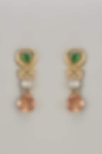Two Tone Finish Emerald & Rose Glass Stone Dangler Earrings by Mesh Artisan