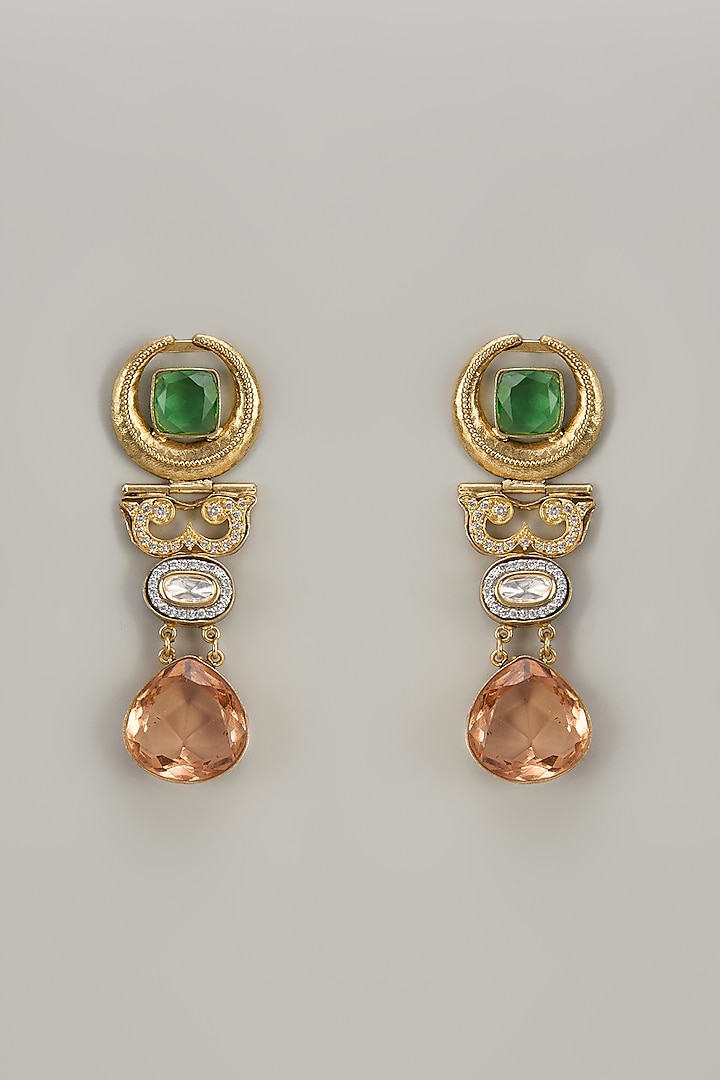 Two Tone Finish Emerald & Rose Glass Stone Dangler Earrings by Mesh Artisan