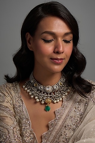Black Rhodium Finish Kundan Polki & Pearl Necklace by Mesh Artisan