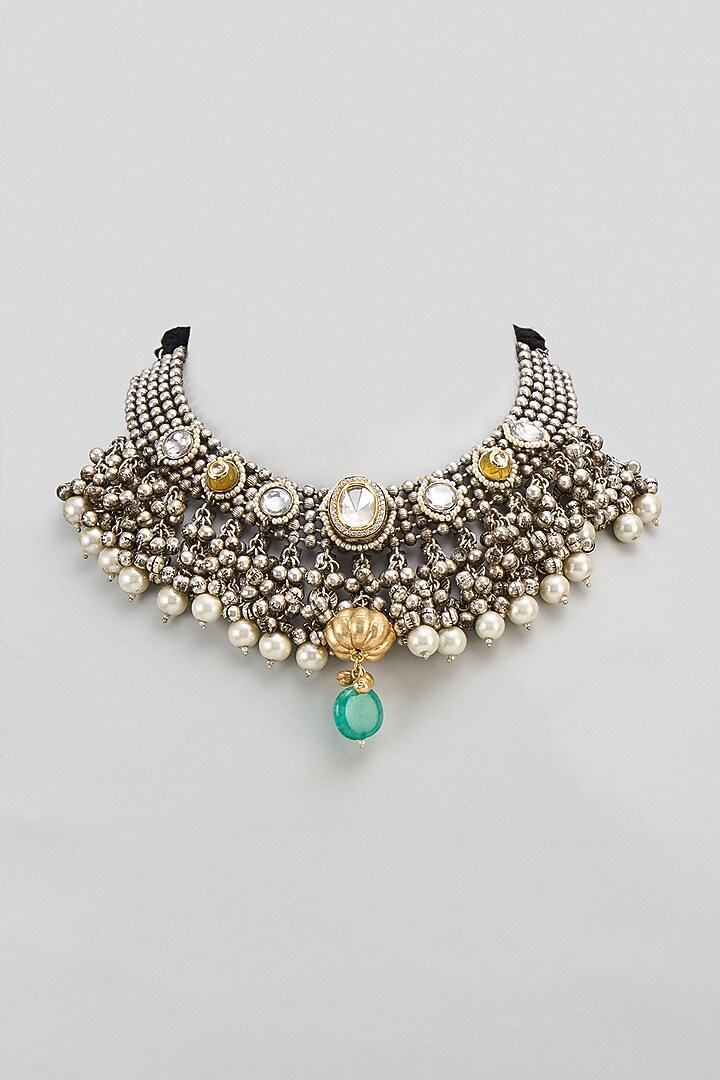 Black Rhodium Finish Kundan Polki & Pearl Necklace by Mesh Artisan at Pernia's Pop Up Shop