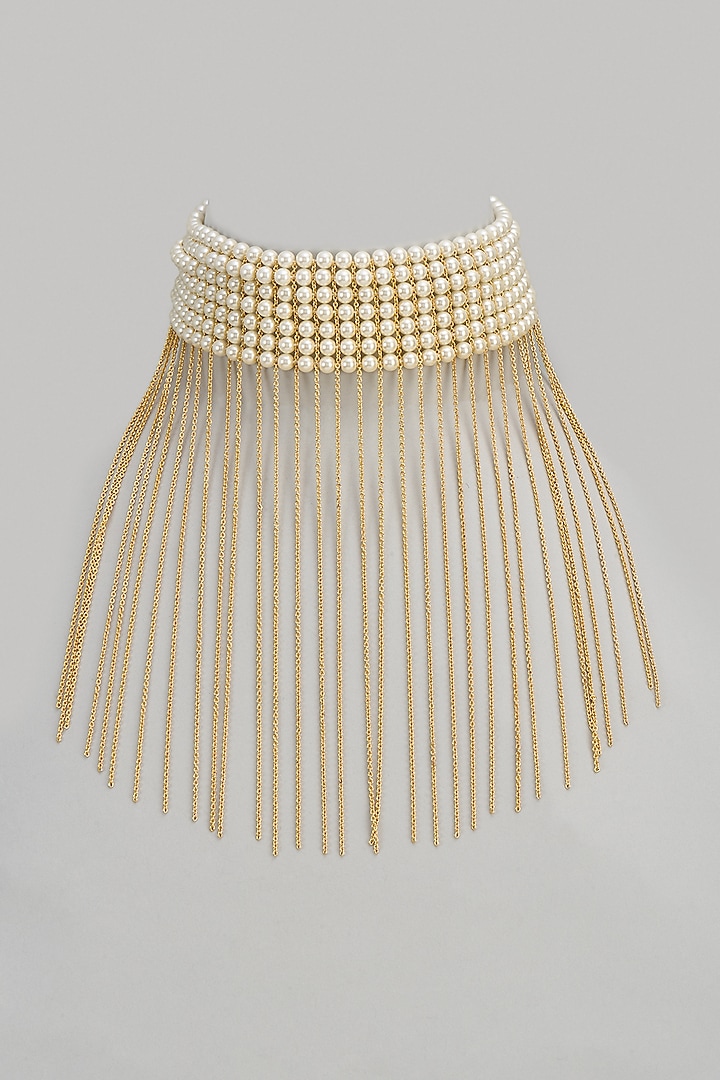 Two Tone Finish Pearl & Gold Chain Hanging Choker Necklace by Mesh Artisan