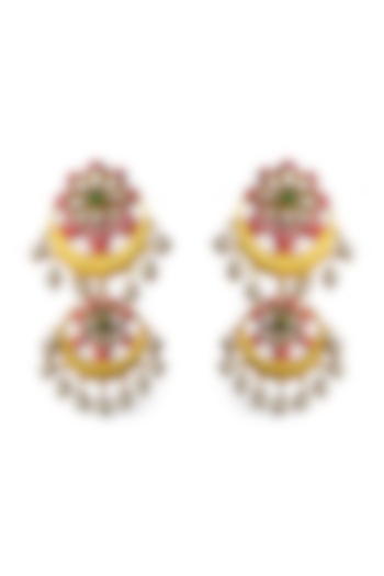 Gold Finish Kundan Polki & Pearl Enamelled Dangler Earrings by Mesh Artisan at Pernia's Pop Up Shop
