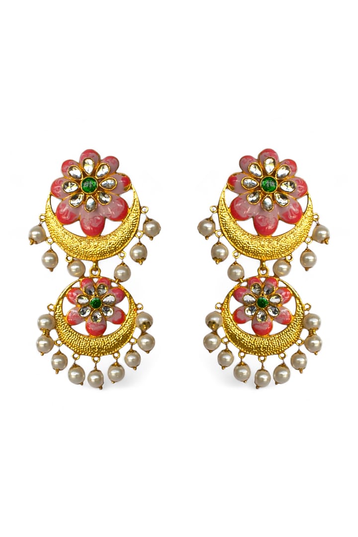 Gold Finish Kundan Polki & Pearl Enamelled Dangler Earrings by Mesh Artisan at Pernia's Pop Up Shop