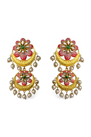Gold Finish Kundan Polki & Pearl Enamelled Dangler Earrings by Mesh Artisan
