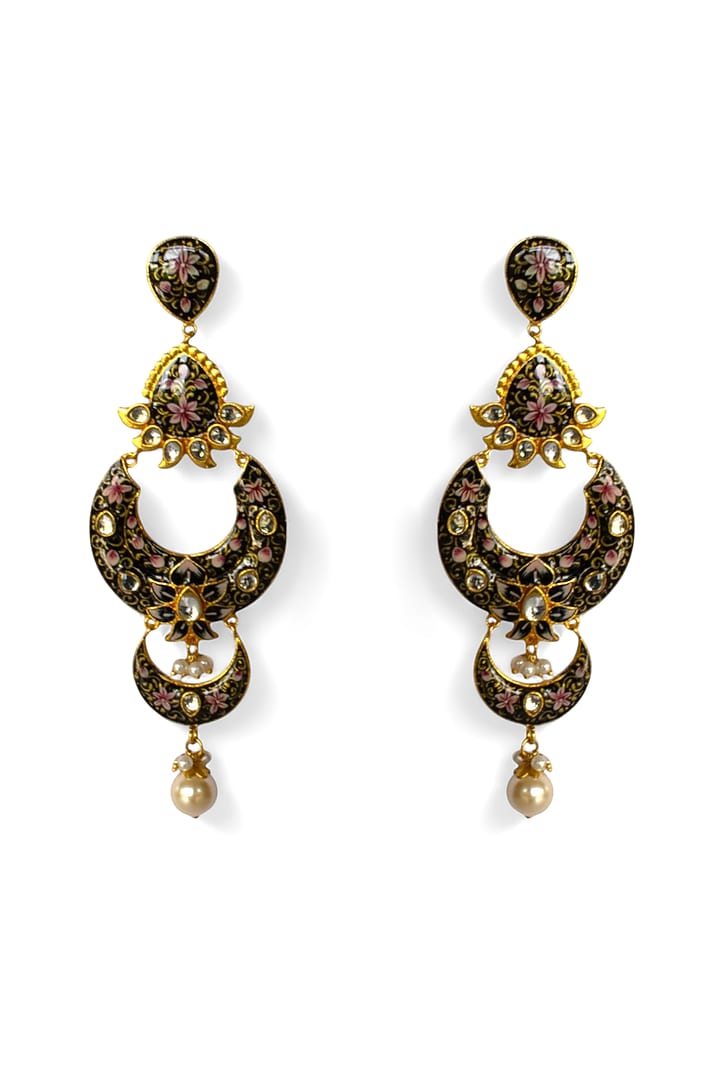 Gold Finish Kundan Polki & Pearl Hand-Painted Meenakari Dangler Earrings by Mesh Artisan at Pernia's Pop Up Shop