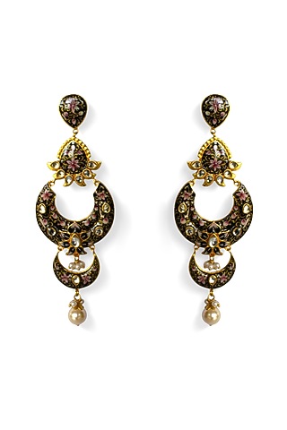 Gold Finish Kundan Polki & Pearl Hand-Painted Meenakari Dangler Earrings by Mesh Artisan