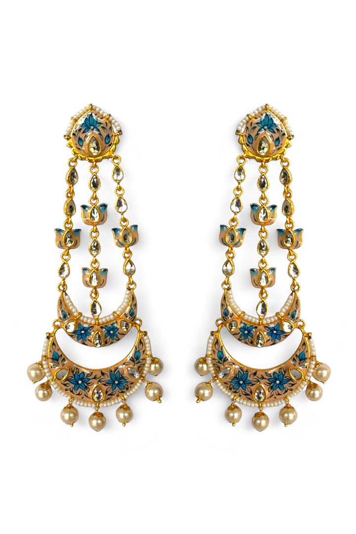 Gold Finish Kundan Polki & Pearl Meenakari Dangler Earrings by Mesh Artisan at Pernia's Pop Up Shop