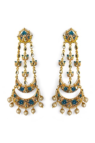 Gold Finish Kundan Polki & Pearl Meenakari Dangler Earrings by Mesh Artisan