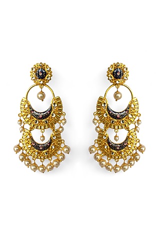 Gold Finish Kundan Polki & Pearl Enamelled Dangler Earrings by Mesh Artisan