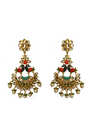 Gold Finish Kundan Polki & Pearl Enamelled Dangler Earrings by Mesh Artisan