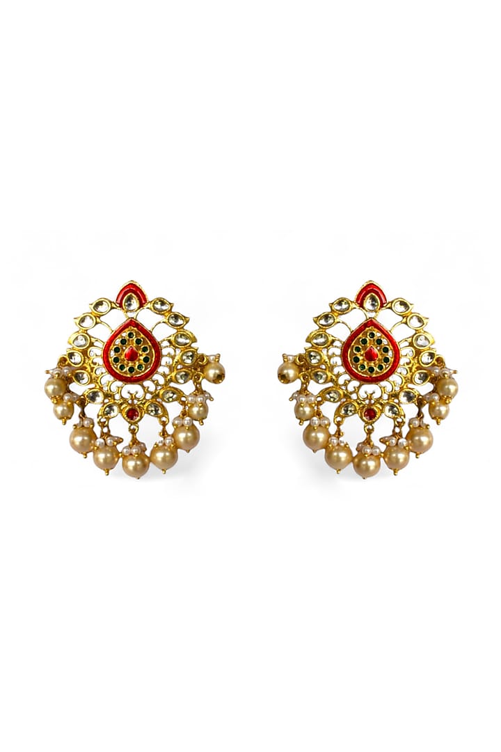 Gold Finish Kundan Polki Enamelled Dangler Earrings by Mesh Artisan at Pernia's Pop Up Shop