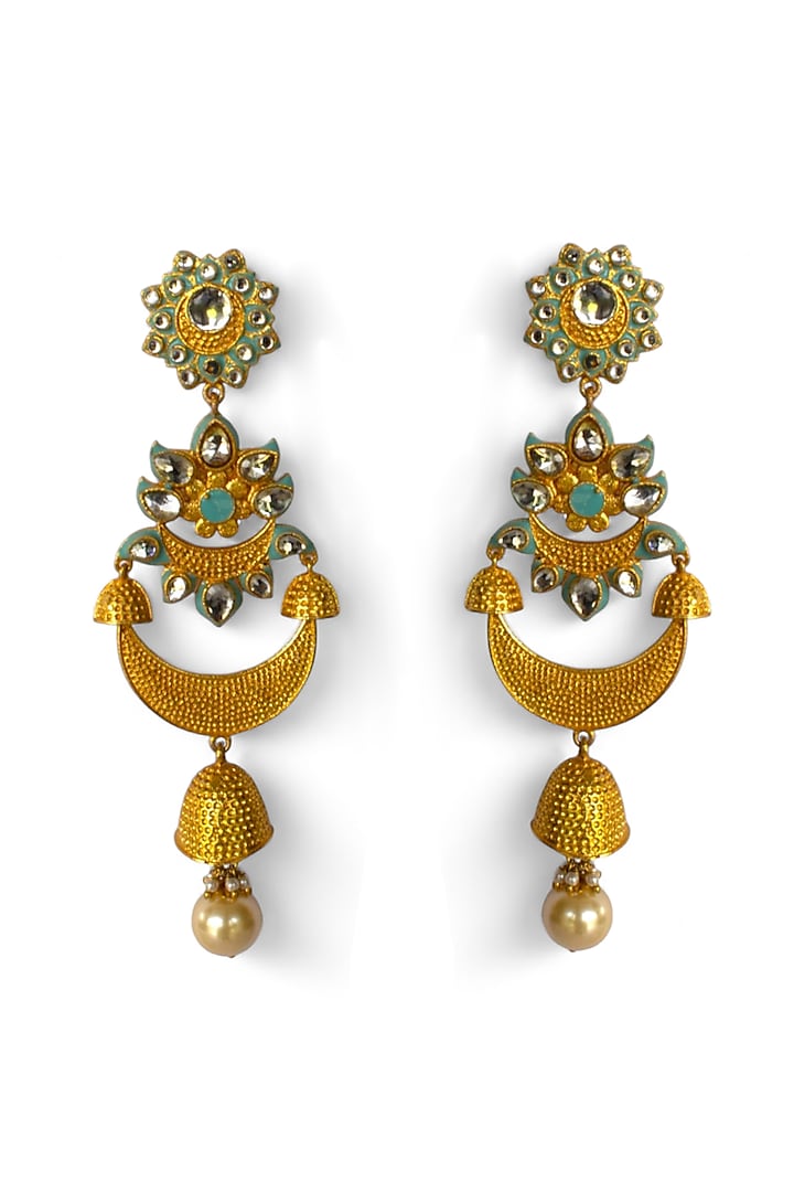 Gold Finish Kundan Polki & Pearl Enamelled Dangler Earrings by Mesh Artisan at Pernia's Pop Up Shop