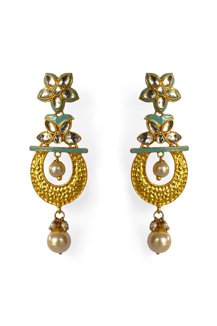 Gold Finish Kundan Polki Enamelled Dangler Earrings by Mesh Artisan at Pernia's Pop Up Shop