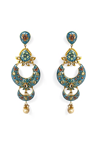 Gold Finish Kundan Polki Hand-Painted Meenakari Dangler Earrings by Mesh Artisan