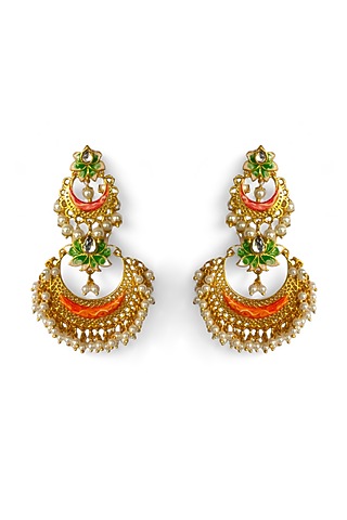 Gold Finish Kundan Polki & Pearl Enamelled Dangler Earrings by Mesh Artisan