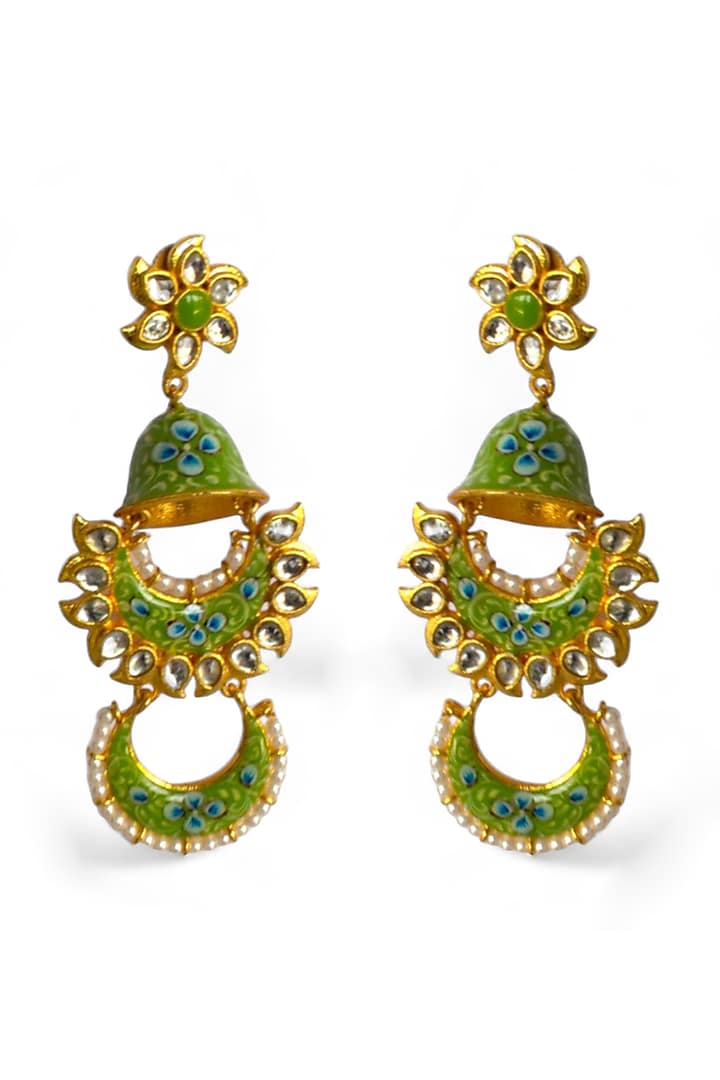 Gold Finish Kundan Polki Meenakari Chandbaali Earrings by Mesh Artisan at Pernia's Pop Up Shop