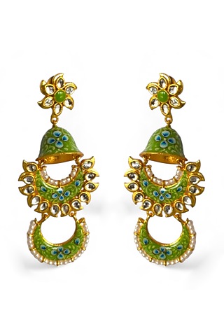 Gold Finish Kundan Polki Meenakari Chandbaali Earrings by Mesh Artisan