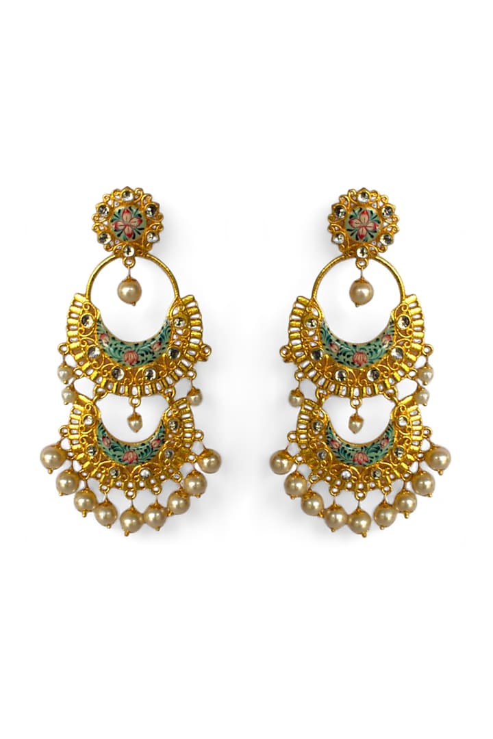 Gold Finish Kundan Polki & Pearl Enamelled Dangler Earrings by Mesh Artisan at Pernia's Pop Up Shop