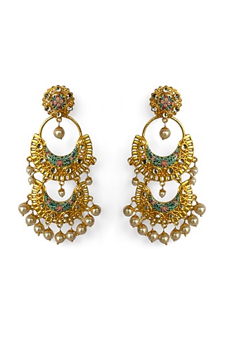 Gold Finish Kundan Polki & Pearl Enamelled Dangler Earrings by Mesh Artisan
