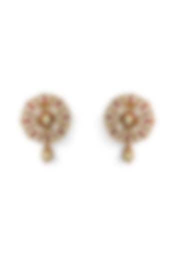 Two-Tone Finish Kundan Polki & Pearl Meenakari Stud Earrings by Mesh Artisan