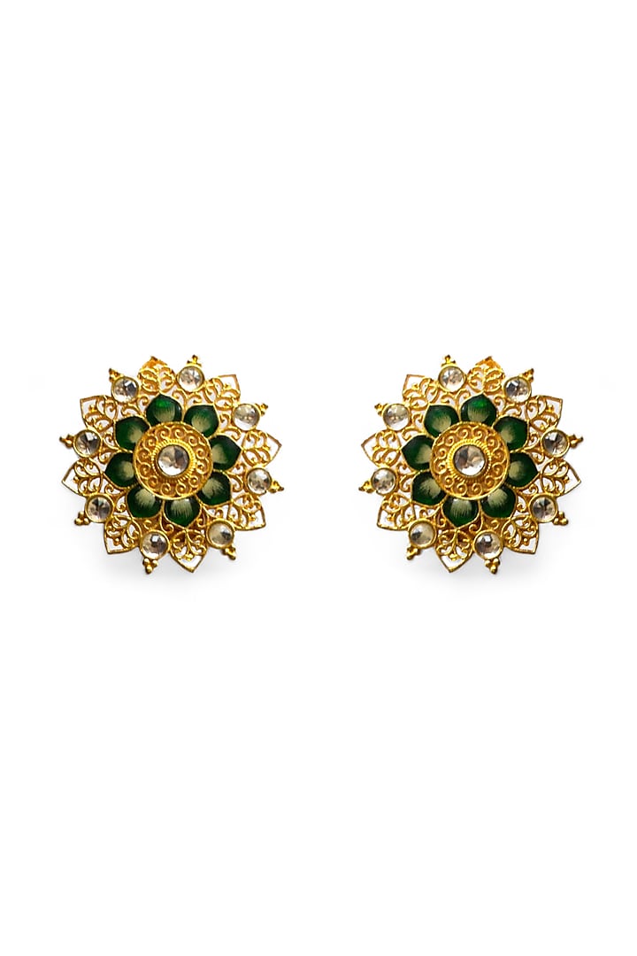 Gold Finish Kundan Polki Enamelled Stud Earrings by Mesh Artisan at Pernia's Pop Up Shop