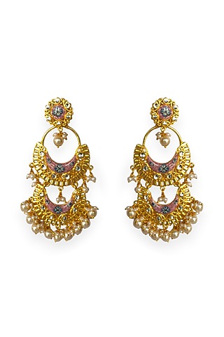 Gold Finish Kundan Polki & Pearl Enamelled Dangler Earrings by Mesh Artisan