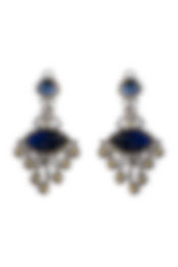 Two-Tone Finish Blue Carved Stone Dangler Earrings by Mesh Artisan at Pernia's Pop Up Shop