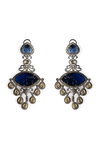 Two-Tone Finish Blue Carved Stone Dangler Earrings by Mesh Artisan