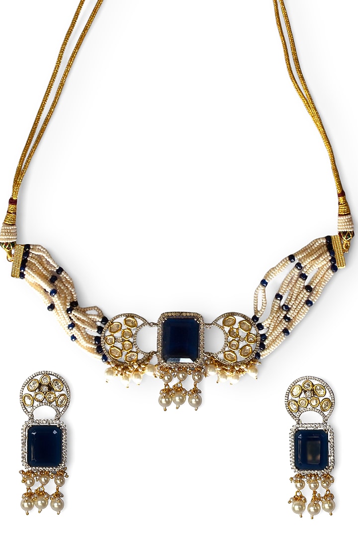 Two-Tone Finish Blue Sapphire Stone & Pearl Choker Necklace Set by Mesh Artisan at Pernia's Pop Up Shop