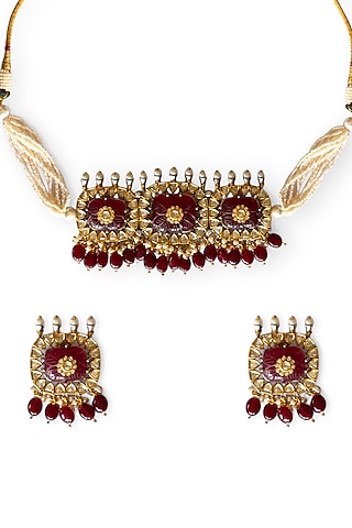 Two-Tone Finish Red Carved Stone & Pearl Choker Necklace Set by Mesh Artisan