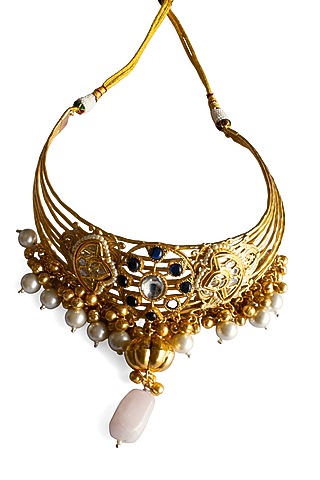 Gold Finish Kundan Polki Necklace by Mesh Artisan
