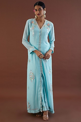 Ice Blue Embroidered Jacket Set by Metamorphs