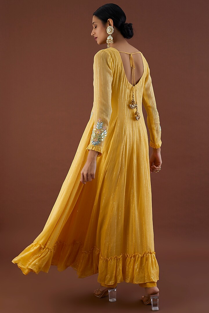 Pale Yellow Embroidered Party Wear Anarkali Set by Metamorphs at Pernia's Pop Up Shop