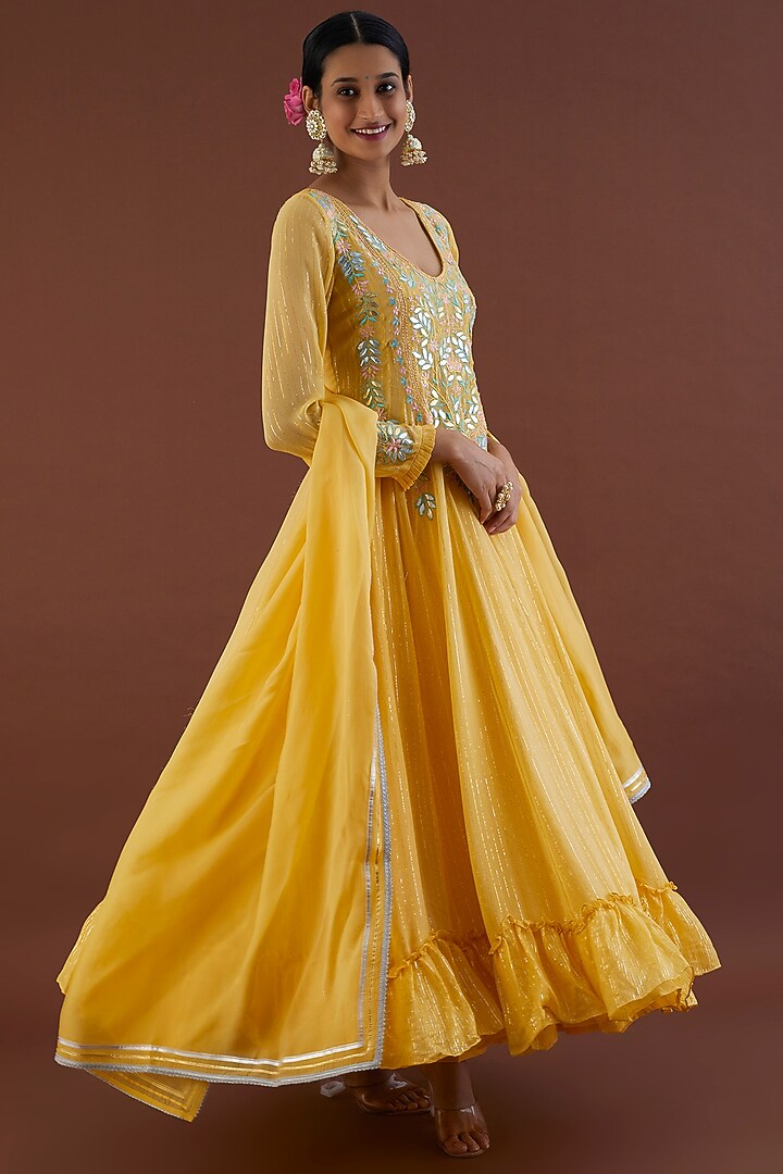 Pale Yellow Embroidered Party Wear Anarkali Set by Metamorphs at Pernia's Pop Up Shop