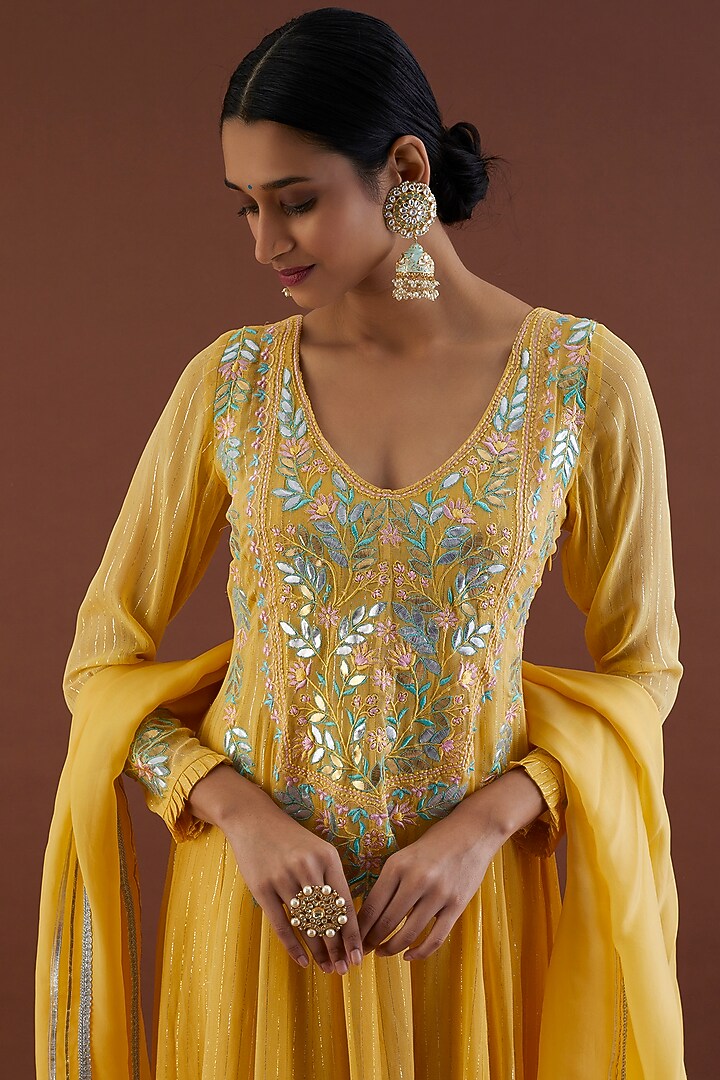 Pale Yellow Embroidered Party Wear Anarkali Set by Metamorphs at Pernia's Pop Up Shop