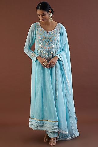 Mint Blue Embroidered Anarkali Set by Metamorphs