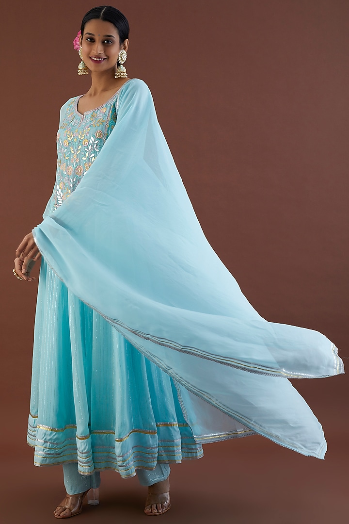 Mint Blue Embroidered Party Wear Anarkali Set by Metamorphs at Pernia's Pop Up Shop