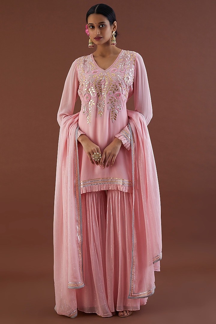 Blush Pink Lurex Georgette Gharara Set by Metamorphs at Pernia's Pop Up Shop