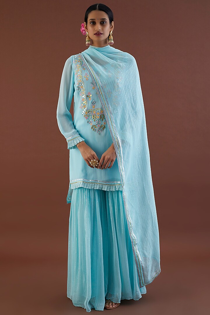 Mint Blue Lurex Georgette Gharara Set by Metamorphs at Pernia's Pop Up Shop