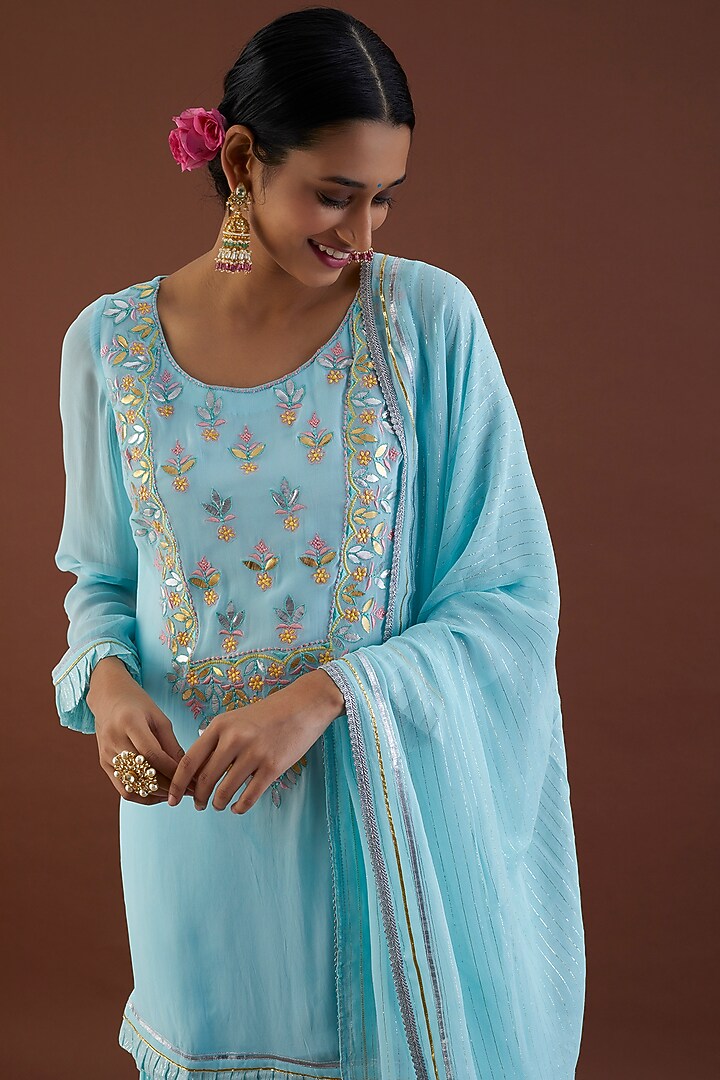 Mint Blue Lurex Georgette Gharara Set by Metamorphs at Pernia's Pop Up Shop