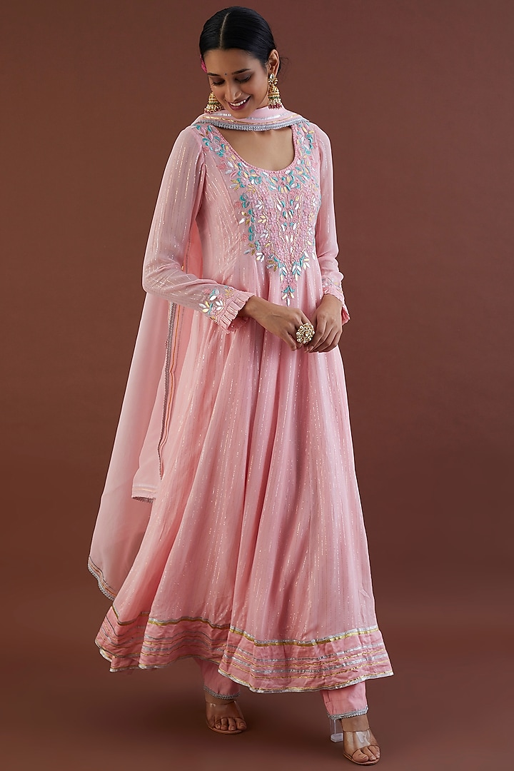Blush Pink Embroidered Anarkali Set by Metamorphs