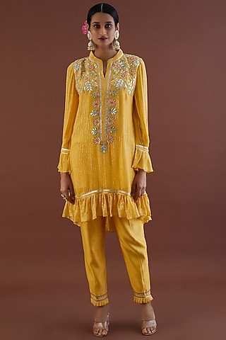 Pale Yellow Embroidered Tunic Set by Metamorphs
