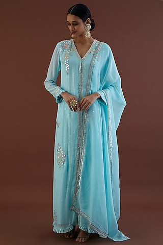 Ice Blue Embroidered Jacket Set by Metamorphs