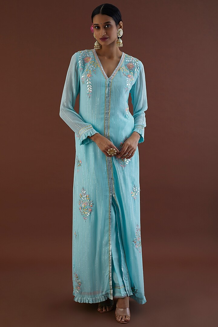 Ice Blue Embroidered Jacket Set by Metamorphs at Pernia's Pop Up Shop