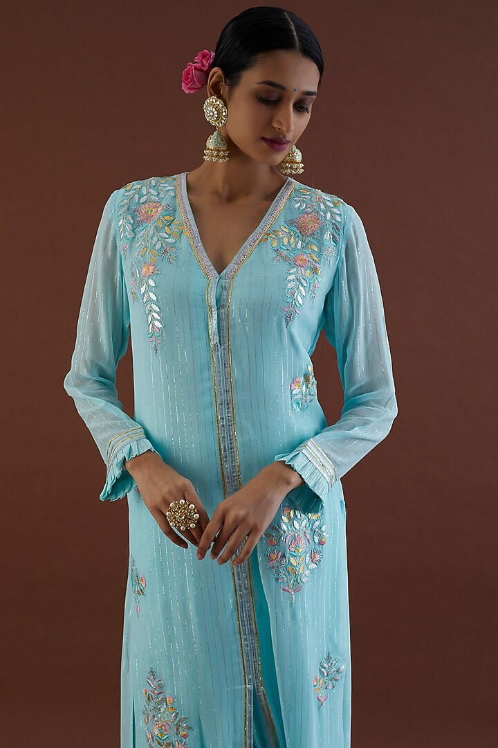 Ice Blue Embroidered Jacket Set by Metamorphs at Pernia's Pop Up Shop
