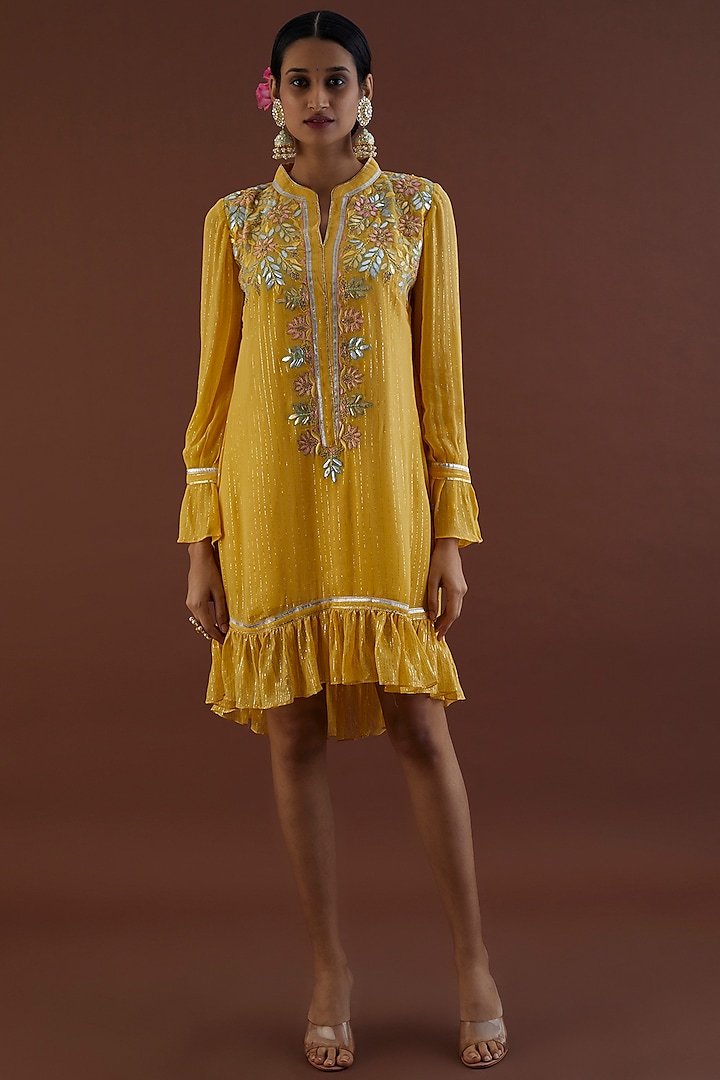 Pale Yellow Embroidered Dress by Metamorphs