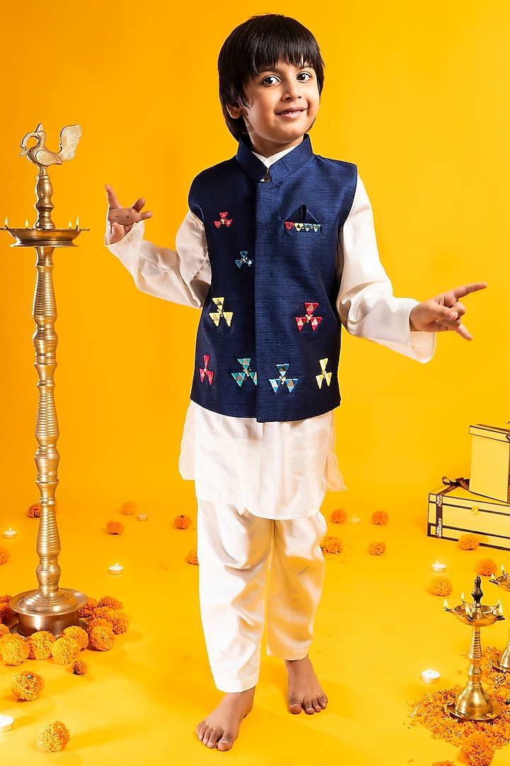 Navy Cotton Silk Mirror Hand Embroidered Bundi Jacket Set For Boys by Metaphor Kids at Pernia's Pop Up Shop