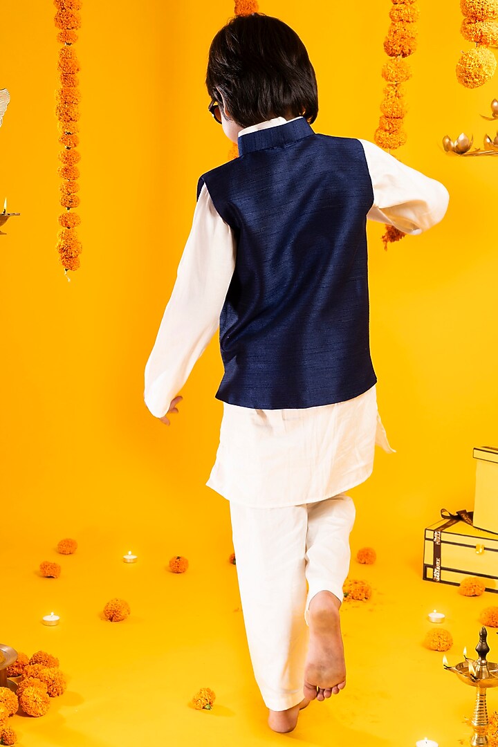 Navy Cotton Silk Mirror Hand Embroidered Bundi Jacket Set For Boys by Metaphor Kids at Pernia's Pop Up Shop
