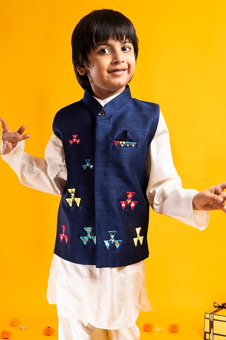 Navy Cotton Silk Mirror Hand Embroidered Bundi Jacket Set For Boys by Metaphor Kids at Pernia's Pop Up Shop
