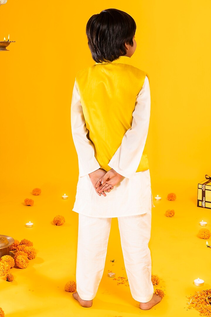 Mustard Yellow Cotton Silk Hand Embroidered Bundi Jacket Set For Boys by Metaphor Kids at Pernia's Pop Up Shop